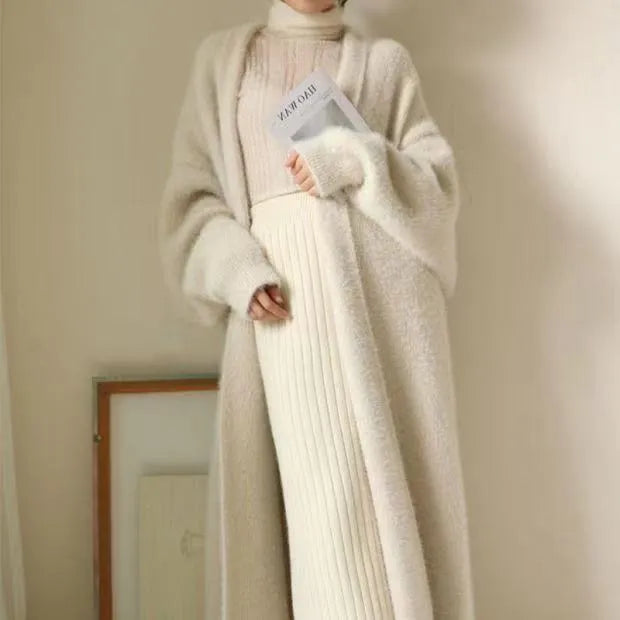 white Long Cardigan for women 2025 new winter clothes Knitted fluffy long sleeve Cashmere sweater coat korean style warm vintage