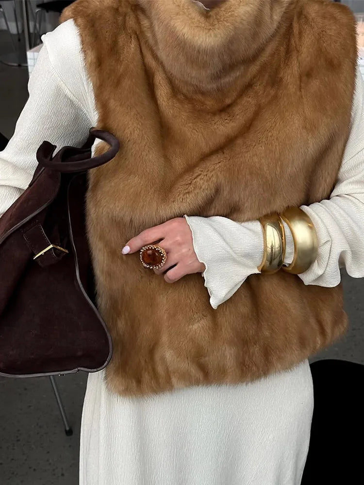 Women Brown Faux Fur Coat Shawl Collar Solid Full Loose Outerwears 2025 New Winter Fashion Street Commute Evening Event Lady Top