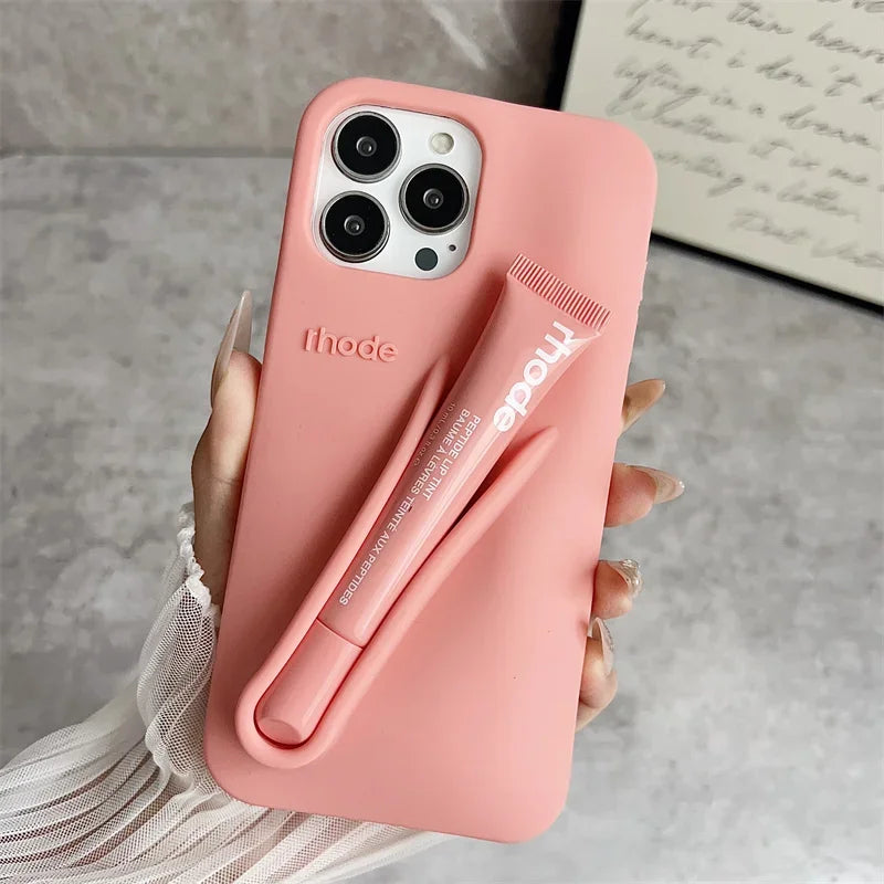 With Lipstick Phone Case for iPhone 17 13 14 15 16 17 Pro Max Plus 12 17 Air Silicone Lip Gloss Holder Hot INS Soft Cover Funda