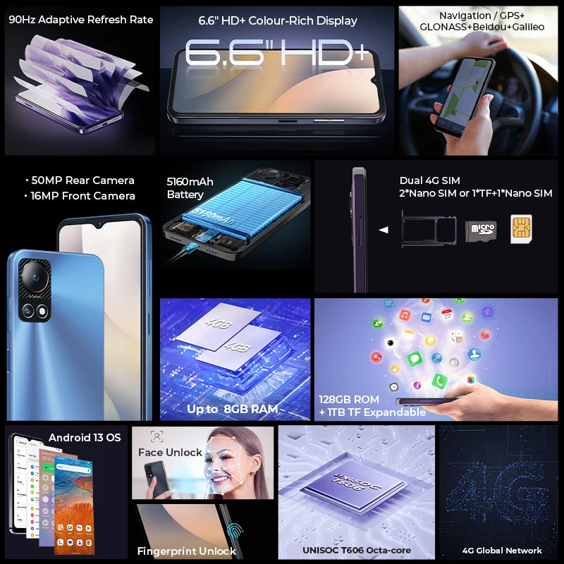 HOTWAV Note 13 Mobile Phone 6.6'' HD+ 90Hz Display 4GB 128GB Octa-Core Smartphone 50MP 5160mAh Android 13 Cellphone