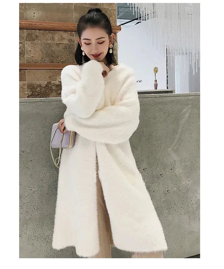 white Long Cardigan for women 2025 new winter clothes Knitted fluffy long sleeve Cashmere sweater coat korean style warm vintage