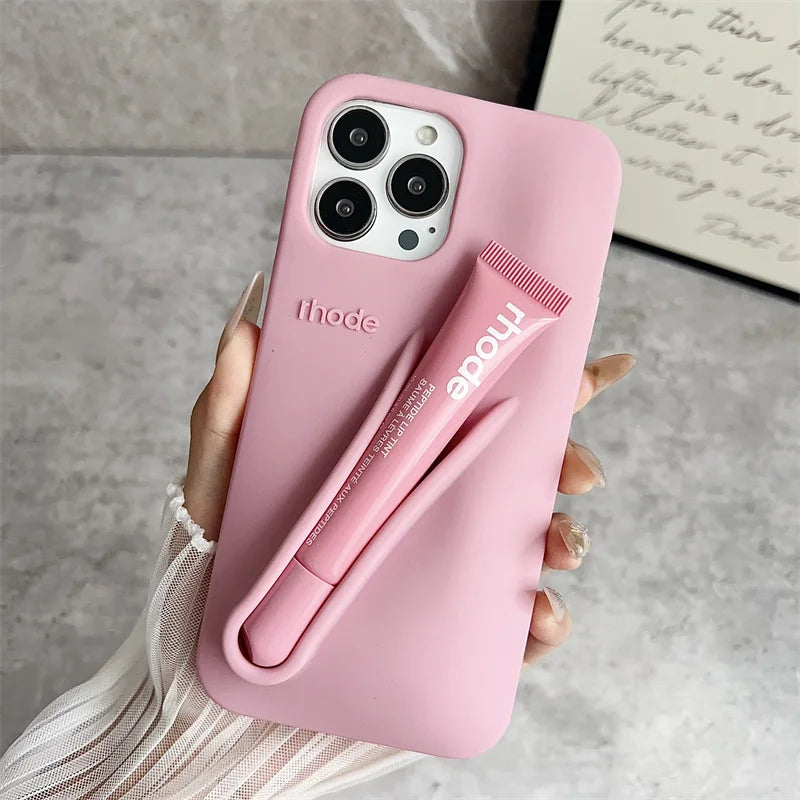 With Lipstick Phone Case for iPhone 17 13 14 15 16 17 Pro Max Plus 12 17 Air Silicone Lip Gloss Holder Hot INS Soft Cover Funda
