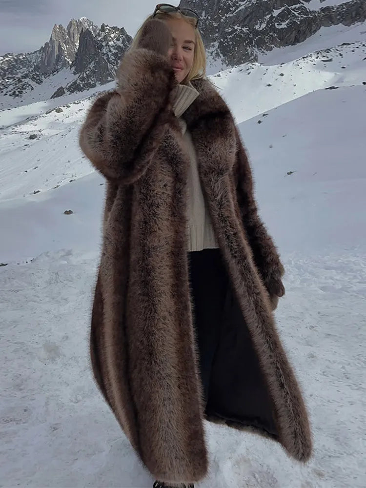 Women Brown Faux Fur Coat Shawl Collar Solid Full Loose Outerwears 2025 New Winter Fashion Street Commute Evening Event Lady Top