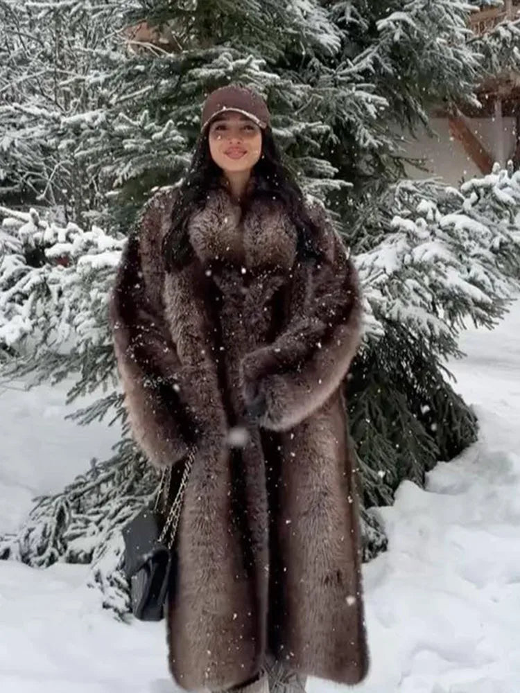 Women Brown Faux Fur Coat Shawl Collar Solid Full Loose Outerwears 2025 New Winter Fashion Street Commute Evening Event Lady Top