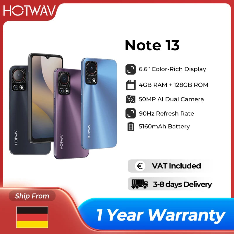 HOTWAV Note 13 Mobile Phone 6.6'' HD+ 90Hz Display 4GB 128GB Octa-Core Smartphone 50MP 5160mAh Android 13 Cellphone