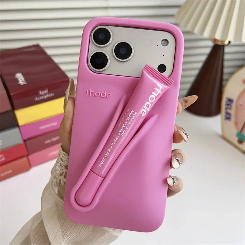 With Lipstick Phone Case for iPhone 17 13 14 15 16 17 Pro Max Plus 12 17 Air Silicone Lip Gloss Holder Hot INS Soft Cover Funda