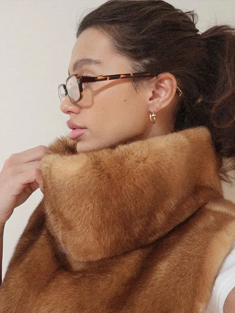 Women Brown Faux Fur Coat Shawl Collar Solid Full Loose Outerwears 2025 New Winter Fashion Street Commute Evening Event Lady Top