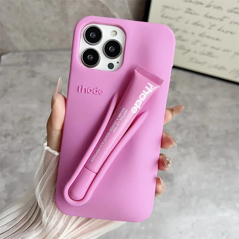 With Lipstick Phone Case for iPhone 17 13 14 15 16 17 Pro Max Plus 12 17 Air Silicone Lip Gloss Holder Hot INS Soft Cover Funda