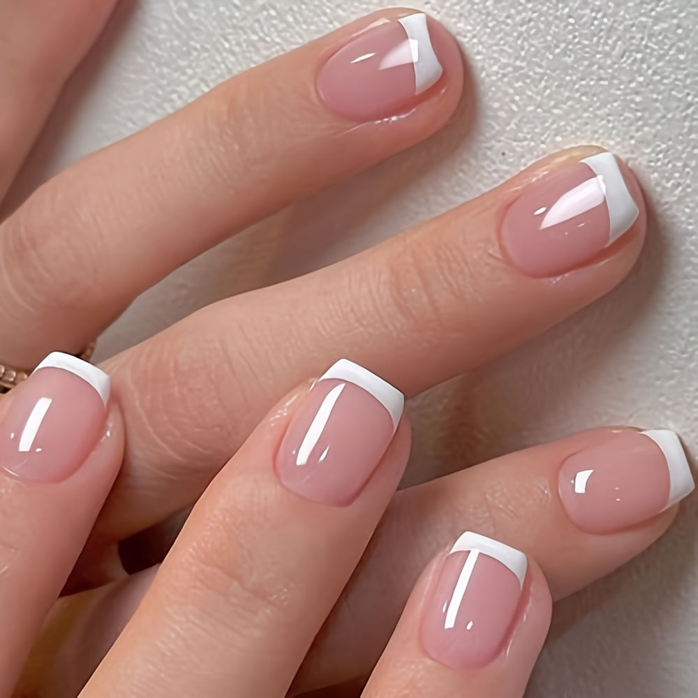 24pcs Pink & Nude Square Short Coffin Press-On Nails, Glossy Finish, Reusable & Durable French Style False Nails for Women, Easy Application, Long-Lasting, Ideal for Salon Or DIY Manicure |Bride Nails |Wedding Nails