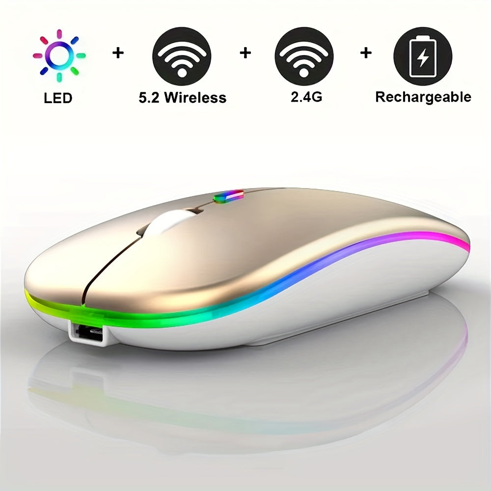 Rechargeable LED Backlit Wireless Mouse, Ultra-Thin 2.4G/5.2 Dual Mode Silent Portable USB Optical Gaming Mouse, Compatible with Laptop/Desktop/Tablet, Ambidextrous Design, 500mAh Battery, Type-C Charging, No Charger Included