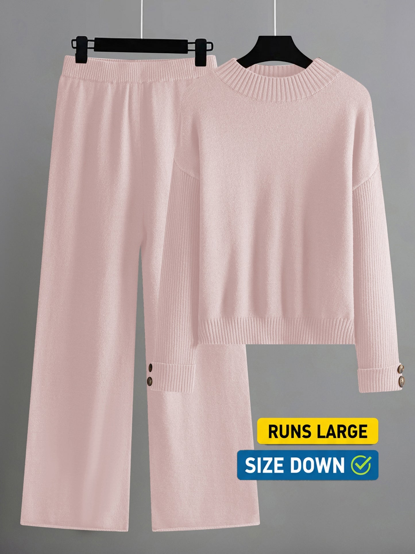 Women's Elegant Lounge Set with Ribbed Crewneck Pullover and Wide Leg Pants Soft Two Piece Fall Winter Outfit Cozy Casual Loungewear Solid Color Sweater Matching Set