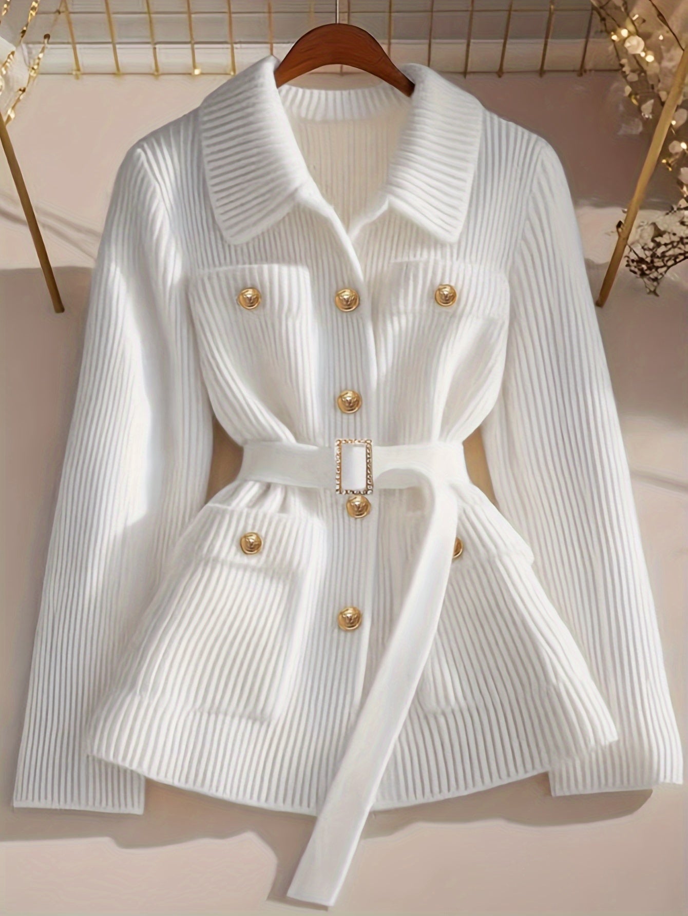 Women's Elegant Collar Blazer Jacket with Belted Waist & Pocket - Solid Beige Summer Coat, Machine Washable, Medium Elasticity for Casual & Professional Wear