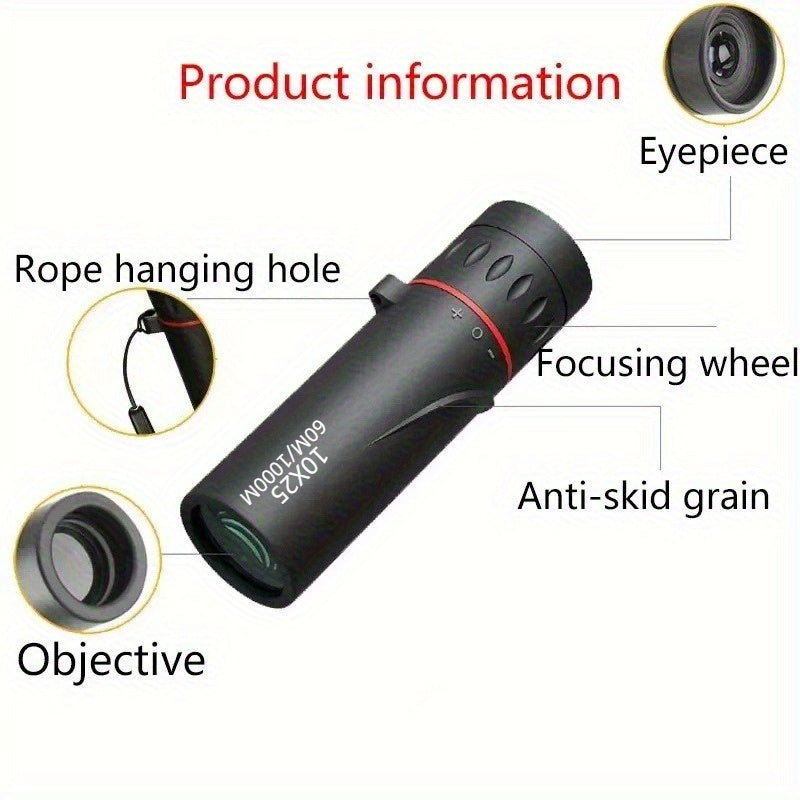 High-Definition Portable Telescope - 10X25 Magnification with Objective Lens, Lightweight Pocket Binoculars for Bird Watching, Hunting & Stargazing, Sport Travel Optics, Textured Grip, Telescope with Tall Extendable Tripod, O