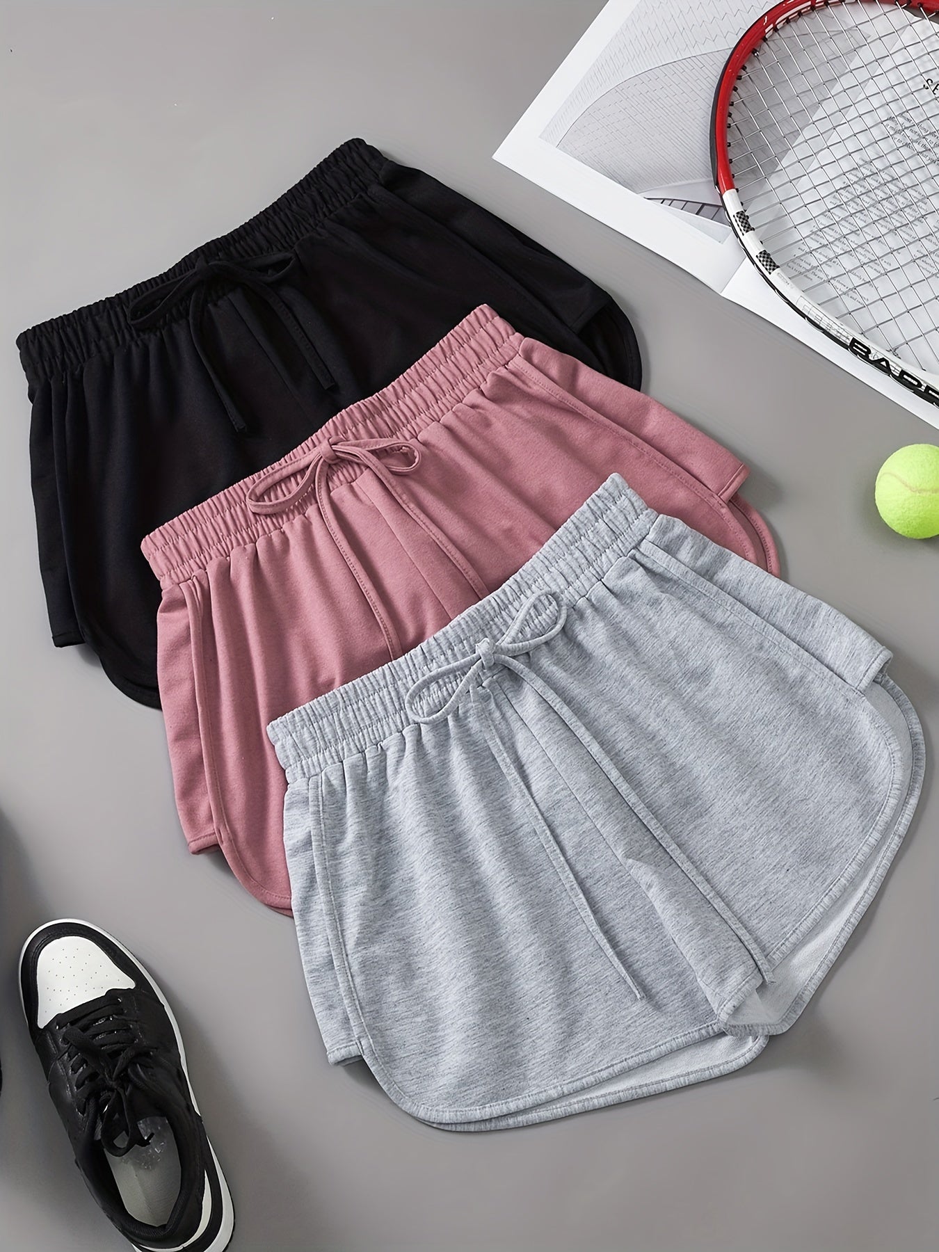 3 Pieces Set Solid Drawstring Running Shorts, Elastic Waist Casual Dolphin Shorts, Women's Clothing