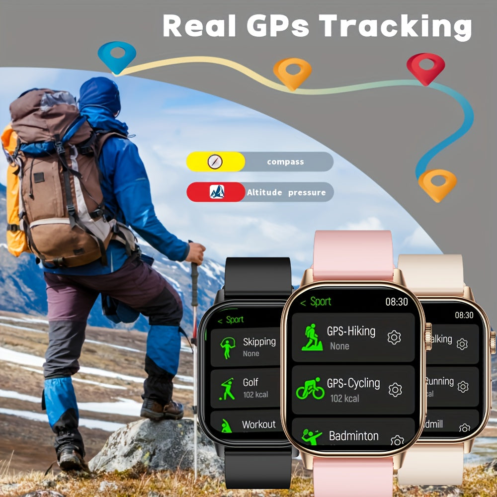 The 2025 new fashion smartwatch with built-in GPS features a 2.01-inch large screen, a 420mAh battery, supports AI voice commands, wireless calls and text reminders, over 100 sports modes, suitable for both women and men. It