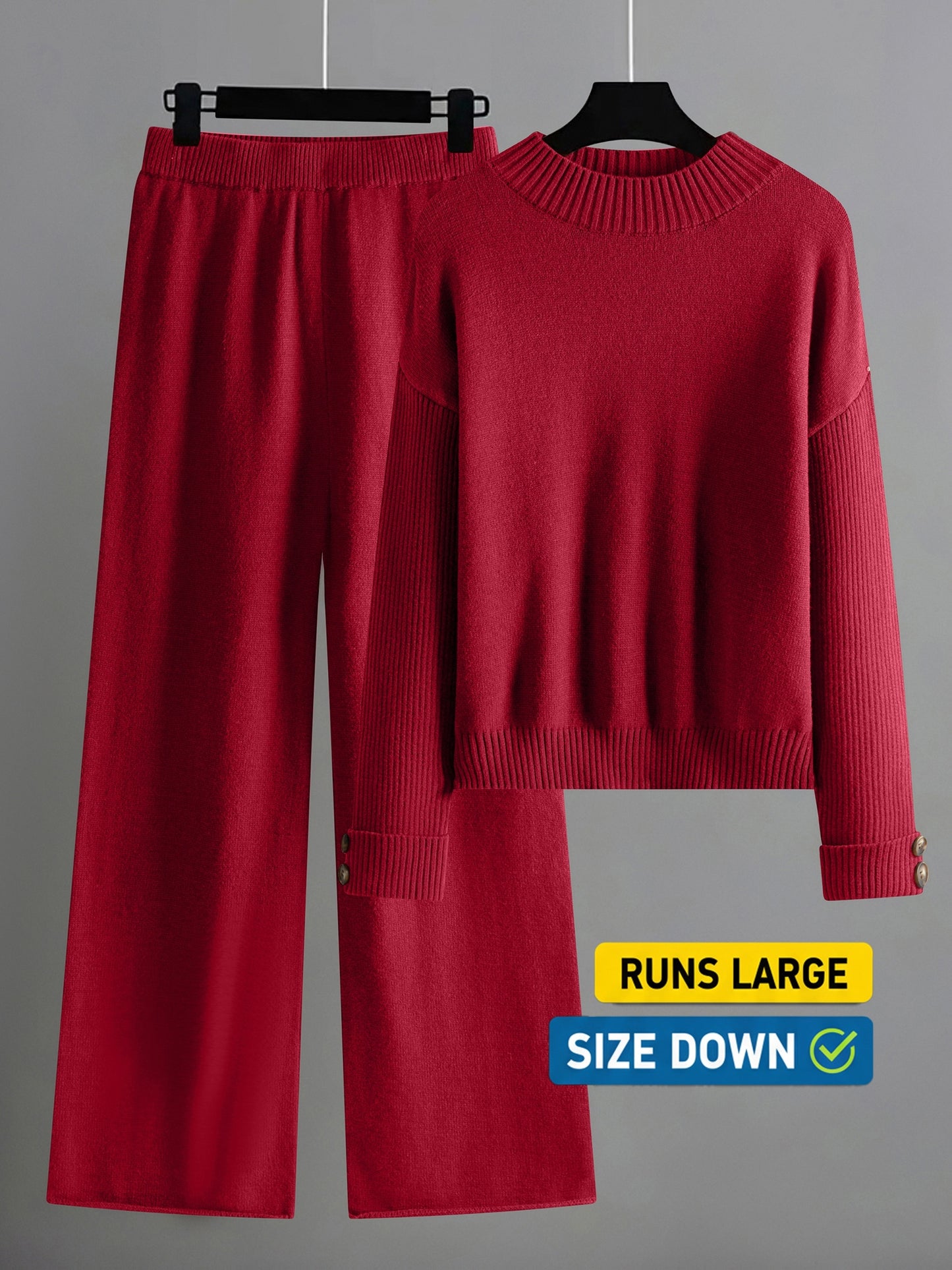 Women's Elegant Lounge Set with Ribbed Crewneck Pullover and Wide Leg Pants Soft Two Piece Fall Winter Outfit Cozy Casual Loungewear Solid Color Sweater Matching Set