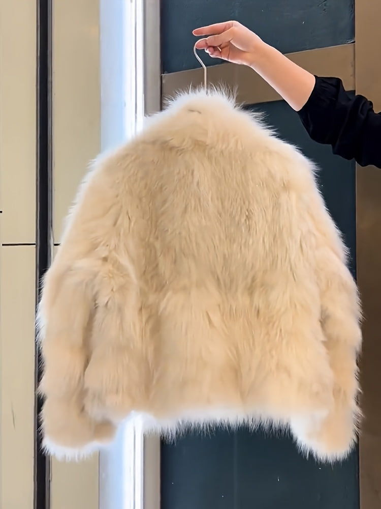 Women's Luxury Plush Fur Coat - White Fox-like Fur Jacket with Single-Button Front Closure, H-Line Silhouette & Beltless Design | Winter Warmth, Loose Fit Long Sleeve Winter Coat for Fall/Winter | Solid Color (No Pattern) | H