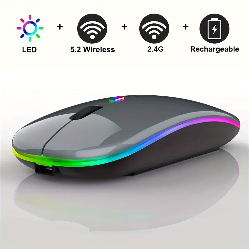 Rechargeable LED Backlit Wireless Mouse, Ultra-Thin 2.4G/5.2 Dual Mode Silent Portable USB Optical Gaming Mouse, Compatible with Laptop/Desktop/Tablet, Ambidextrous Design, 500mAh Battery, Type-C Charging, No Charger Included