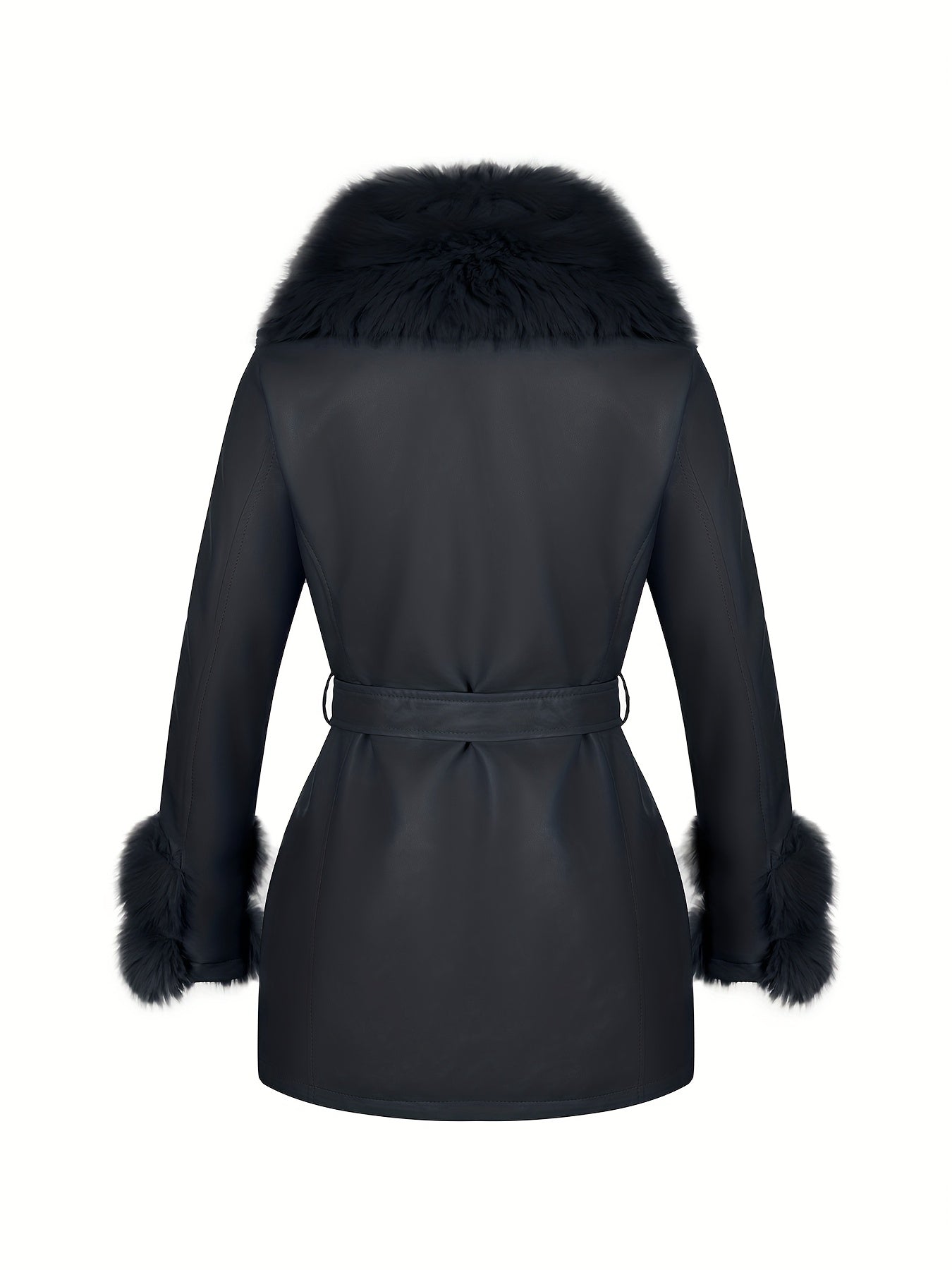 Women's Elegant Winter Jacket with Detachable Fake Fur Collar & Lapel - Belted Coat, Solid Color Long Sleeve Outerwear for Fall/Winter, Non-Stretch for Dresses/Skirts/Jeans