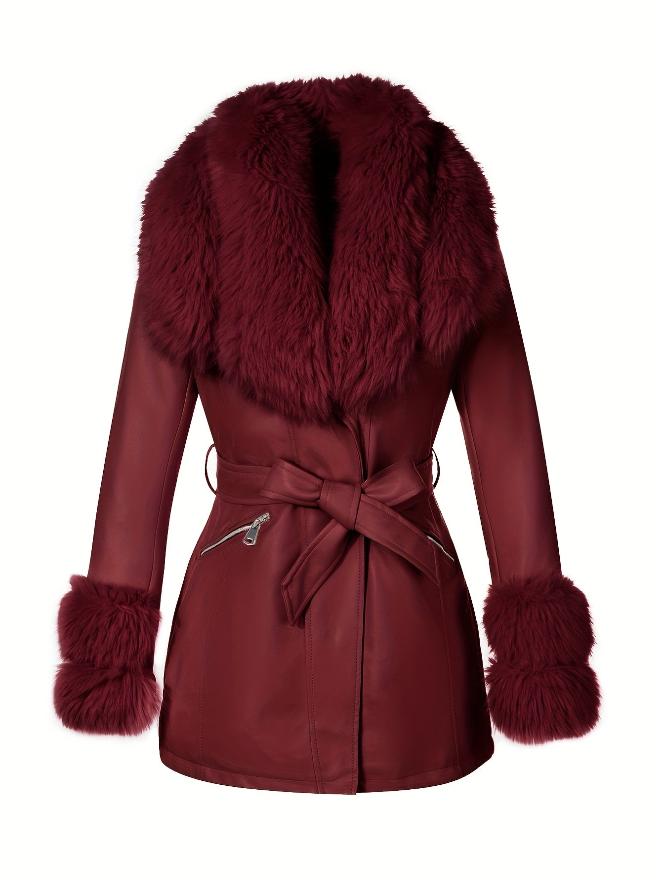 Women's Elegant Winter Jacket with Detachable Fake Fur Collar & Lapel - Belted Coat, Solid Color Long Sleeve Outerwear for Fall/Winter, Non-Stretch for Dresses/Skirts/Jeans