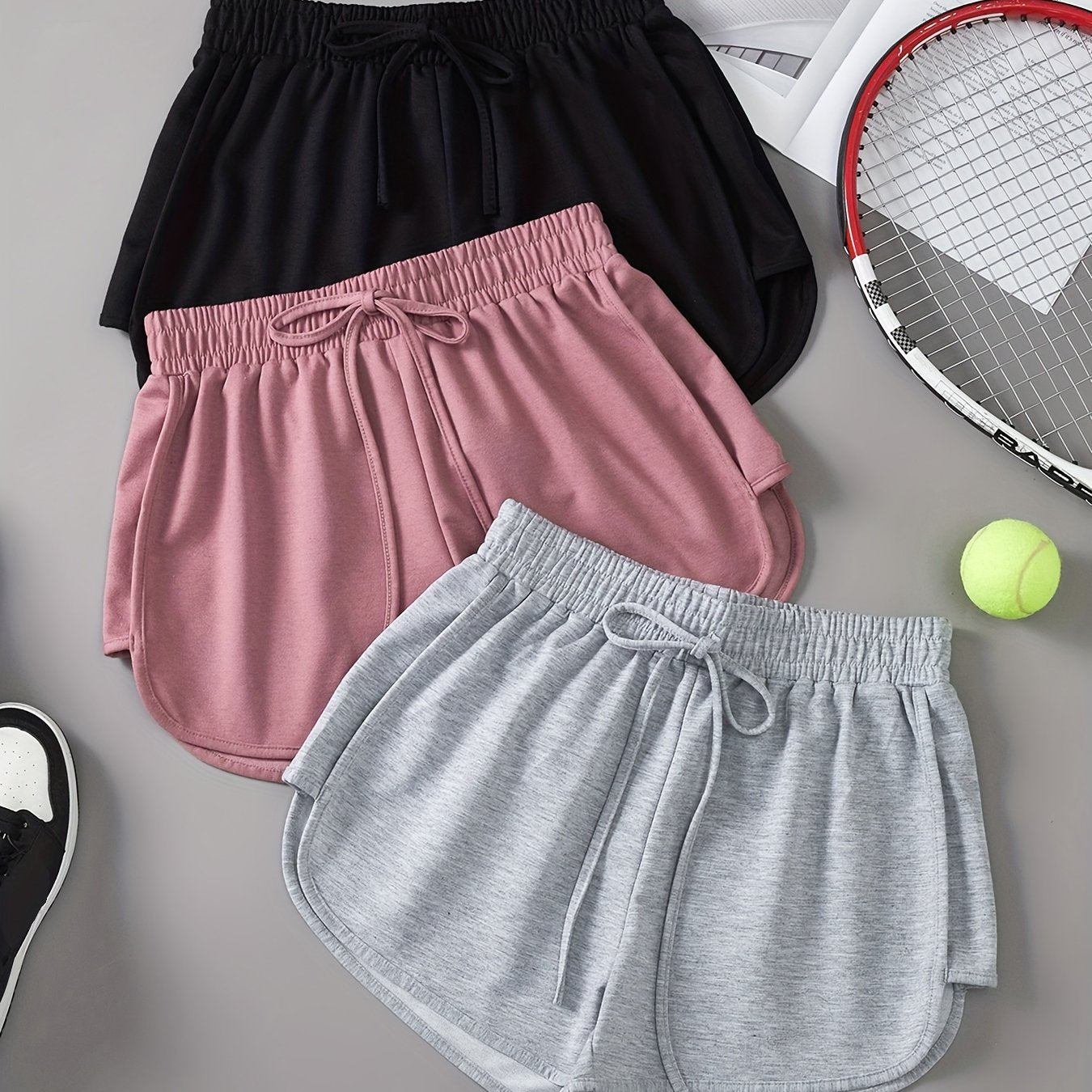 3 Pieces Set Solid Drawstring Running Shorts, Elastic Waist Casual Dolphin Shorts, Women's Clothing