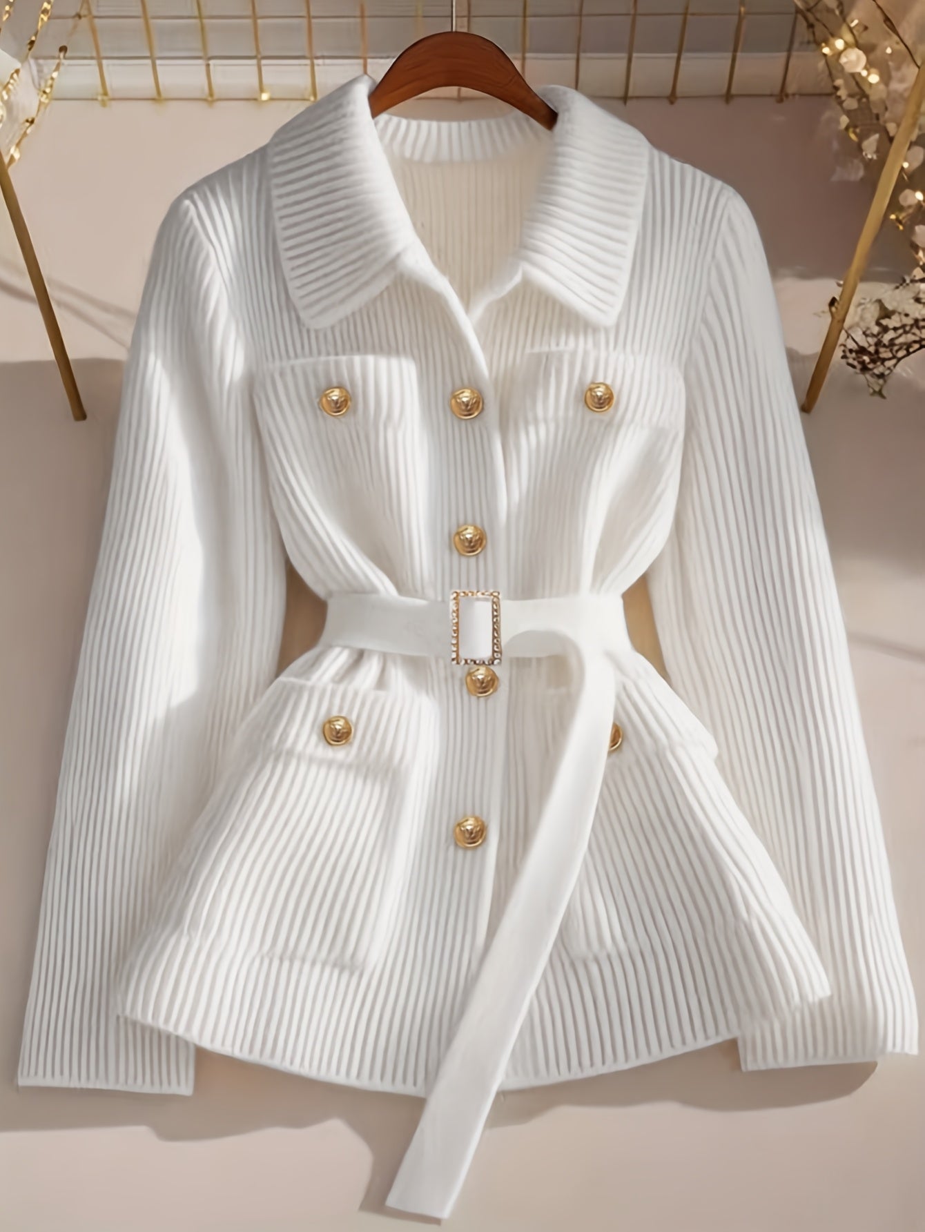 Women's Elegant Collar Blazer Jacket with Belted Waist & Pocket - Solid Beige Summer Coat, Machine Washable, Medium Elasticity for Casual & Professional Wear