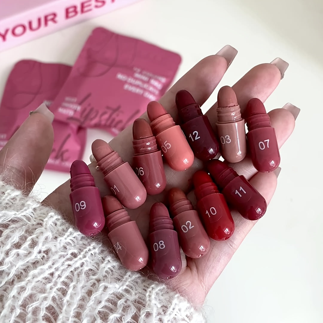 12-Color Capsule Lipstick Set - Long-Lasting Matte Finish, Non-Fading, Plant-Based Squalane, Ideal for Daily Use & Gifting, Includes 12 Vibrant Shades (Red, Orange, Yellow, Green, Blue, Purple, Pink, Black, White, Brown, Beig