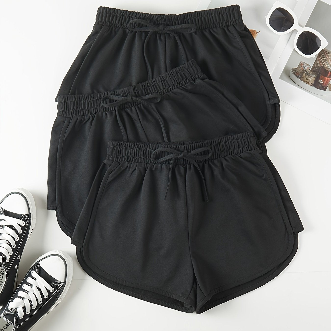 3 Pieces Set Solid Drawstring Running Shorts, Elastic Waist Casual Dolphin Shorts, Women's Clothing