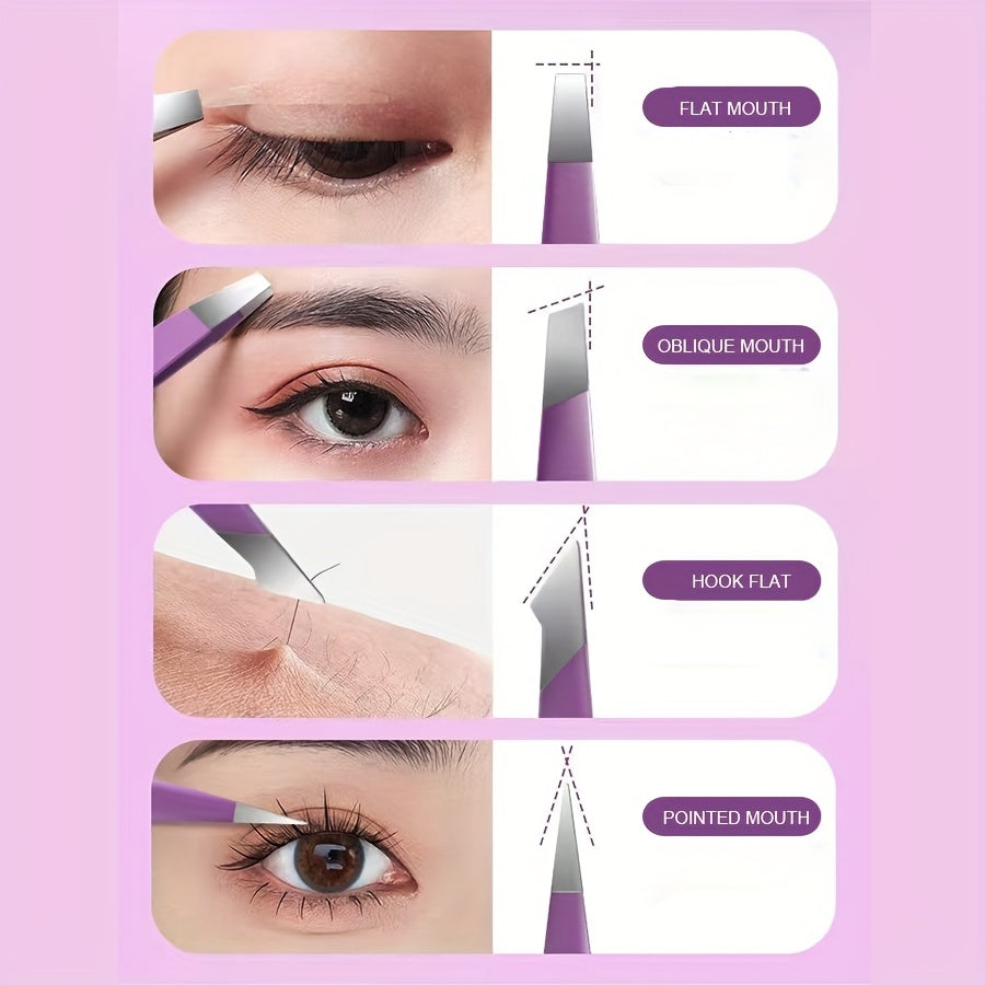 4pcs Stainless Steel Eyebrow Tweezers Set Purple Makeup Tools for Eyelash Grafting, Eyebrow Sculpting, Beard Removal and Fake Eyelashes Assistance