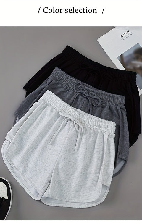 3 Pieces Set Solid Drawstring Running Shorts, Elastic Waist Casual Dolphin Shorts, Women's Clothing