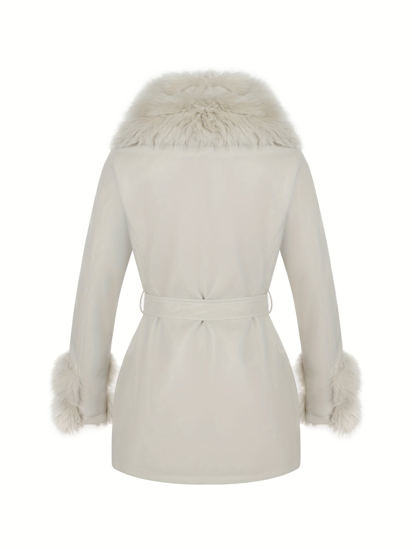 Women's Elegant Winter Jacket with Detachable Fake Fur Collar & Lapel - Belted Coat, Solid Color Long Sleeve Outerwear for Fall/Winter, Non-Stretch for Dresses/Skirts/Jeans
