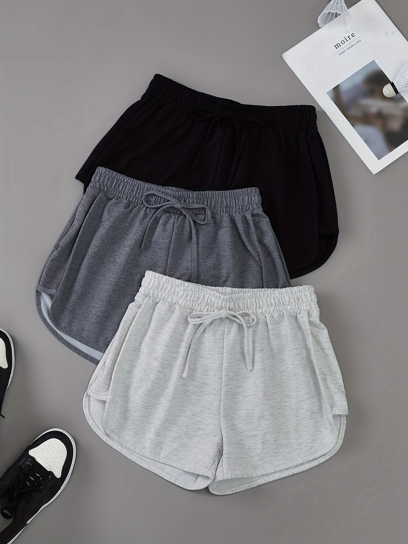 3 Pieces Set Solid Drawstring Running Shorts, Elastic Waist Casual Dolphin Shorts, Women's Clothing