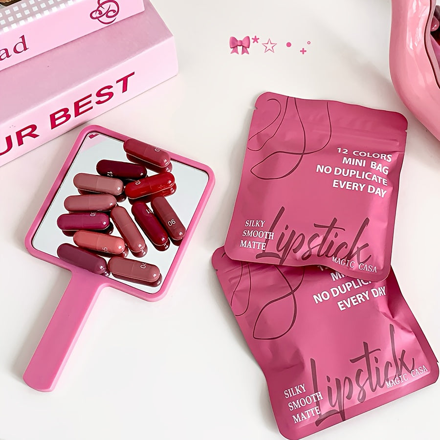 12-Color Capsule Lipstick Set - Long-Lasting Matte Finish, Non-Fading, Plant-Based Squalane, Ideal for Daily Use & Gifting, Includes 12 Vibrant Shades (Red, Orange, Yellow, Green, Blue, Purple, Pink, Black, White, Brown, Beig