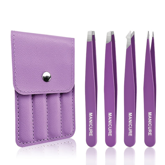 4pcs Stainless Steel Eyebrow Tweezers Set Purple Makeup Tools for Eyelash Grafting, Eyebrow Sculpting, Beard Removal and Fake Eyelashes Assistance
